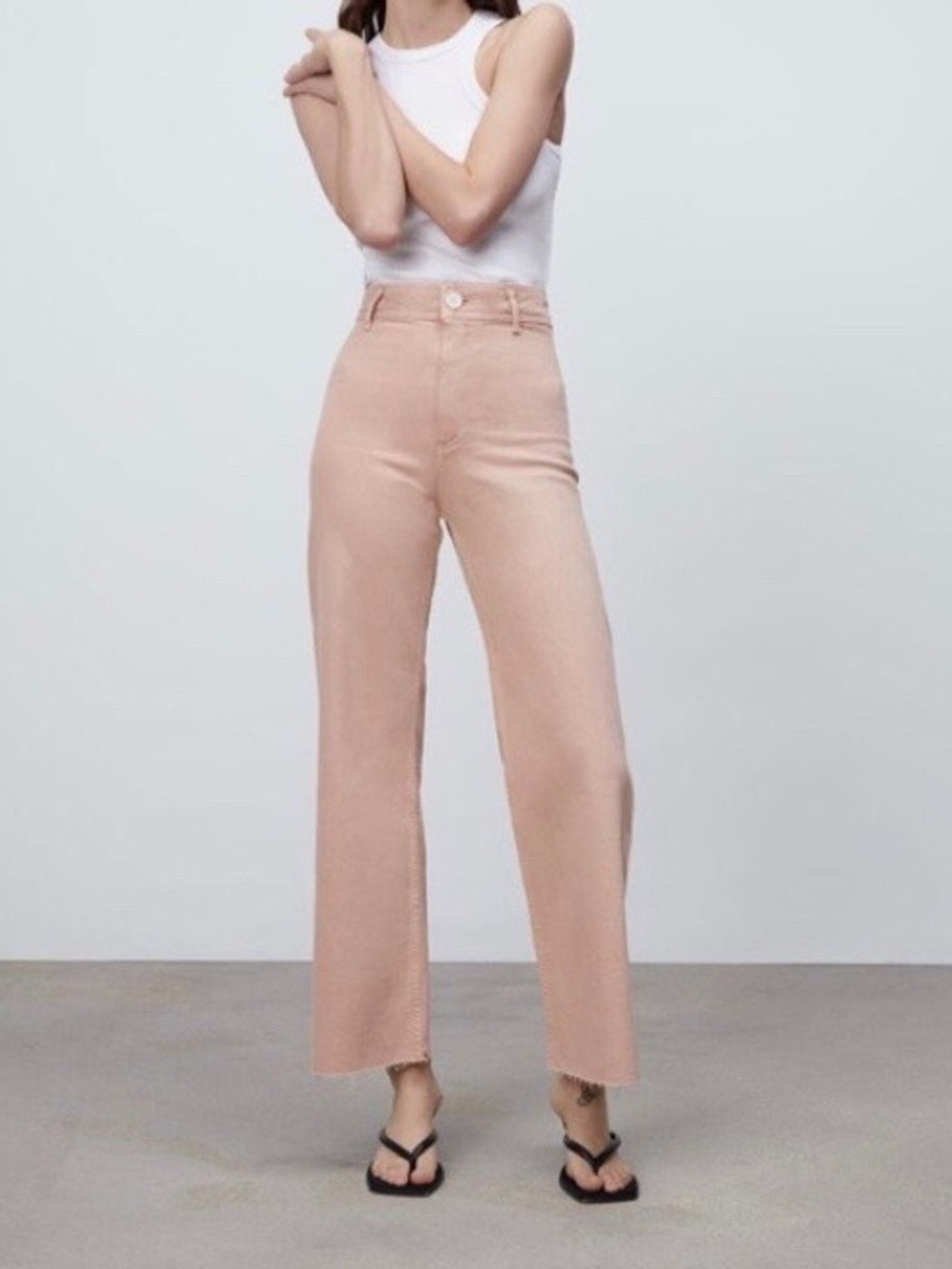 Zara The Marine Wide Leg Jeans 12 Pink Denim Raw Hem Minimalist Chic Nautical